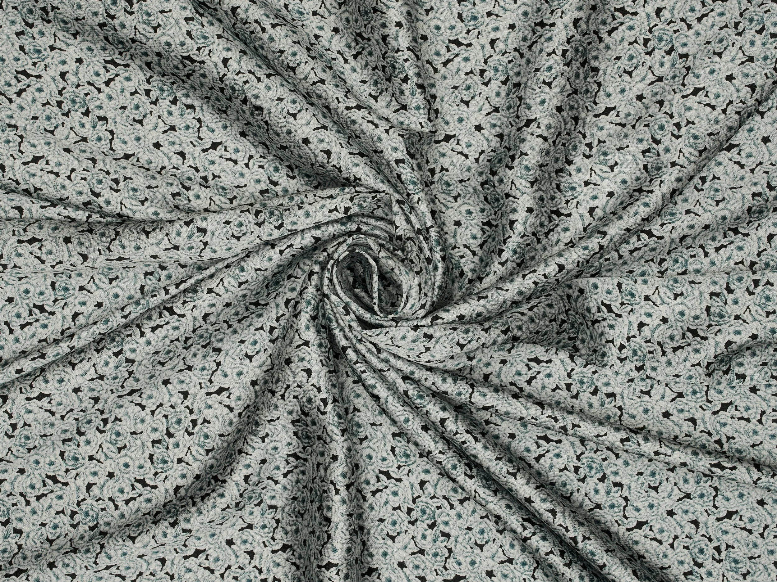 Black small floral monotone pattern print silky satin Lightweight   fabric
