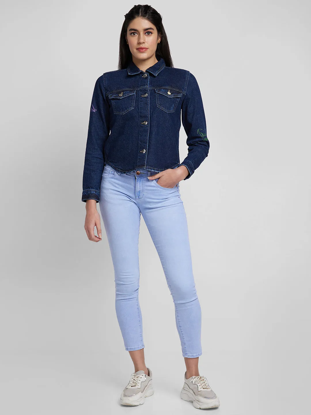 Spykar Women Dark Blue Cotton Regular Fit Denim Jacket