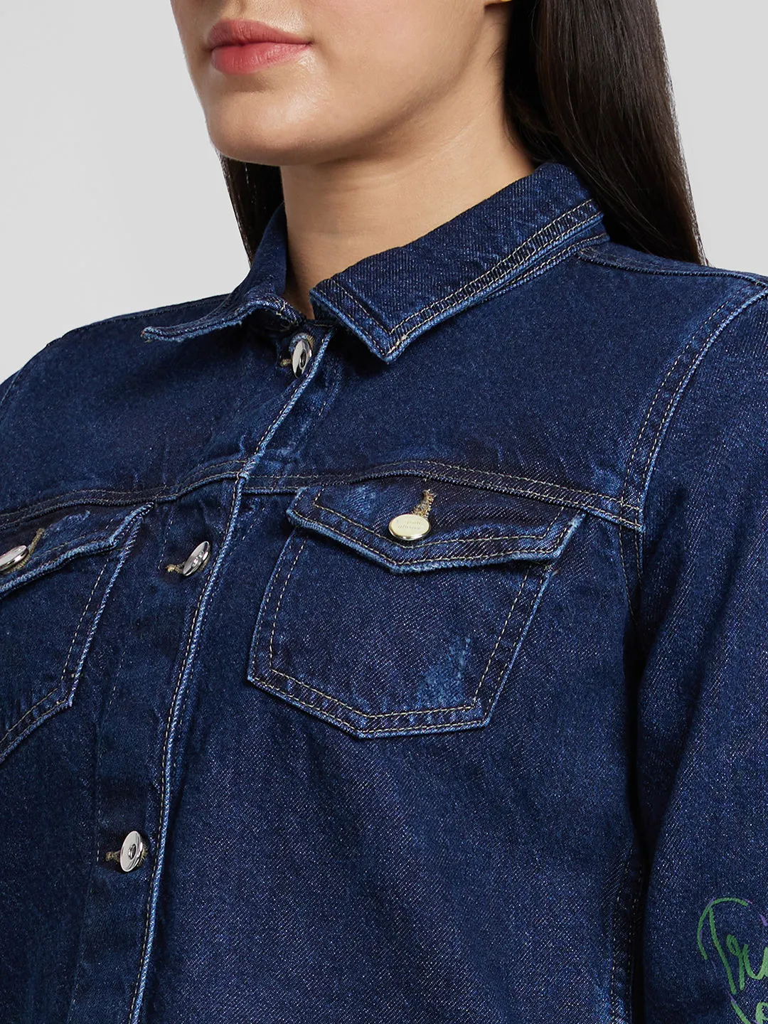 Spykar Women Dark Blue Cotton Regular Fit Denim Jacket