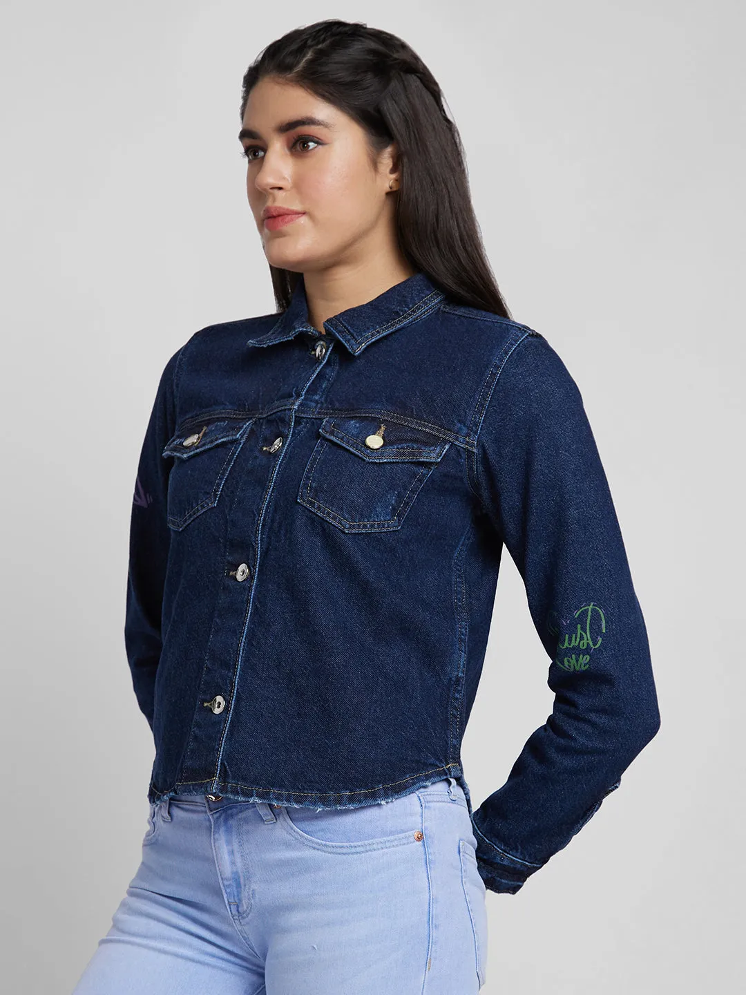Spykar Women Dark Blue Cotton Regular Fit Denim Jacket