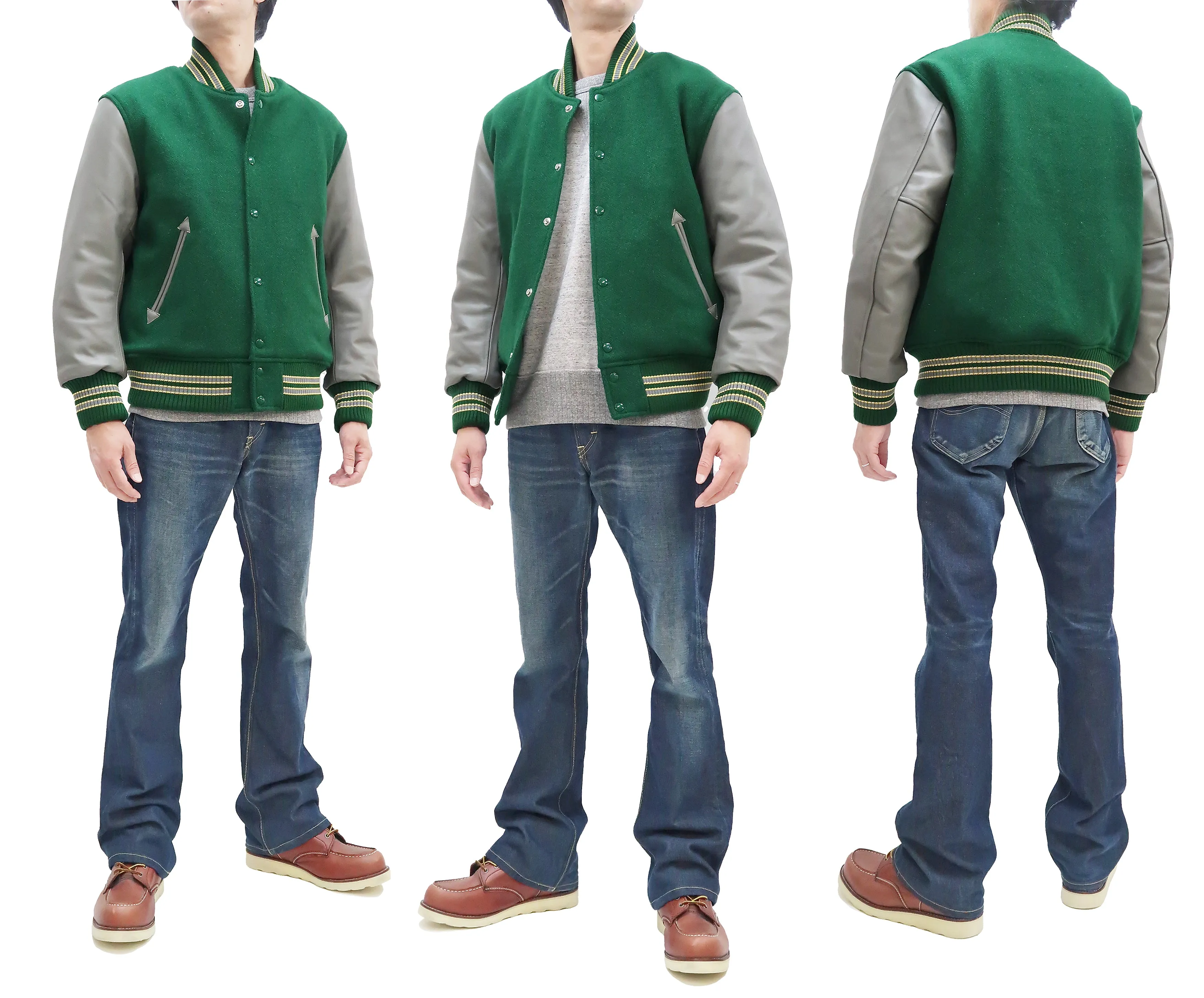 Whitesville Varsity Jacket Men's Plain Letterman Jacket Melton x Leather Solid Award Jacket WV15168 145 Green/Gray